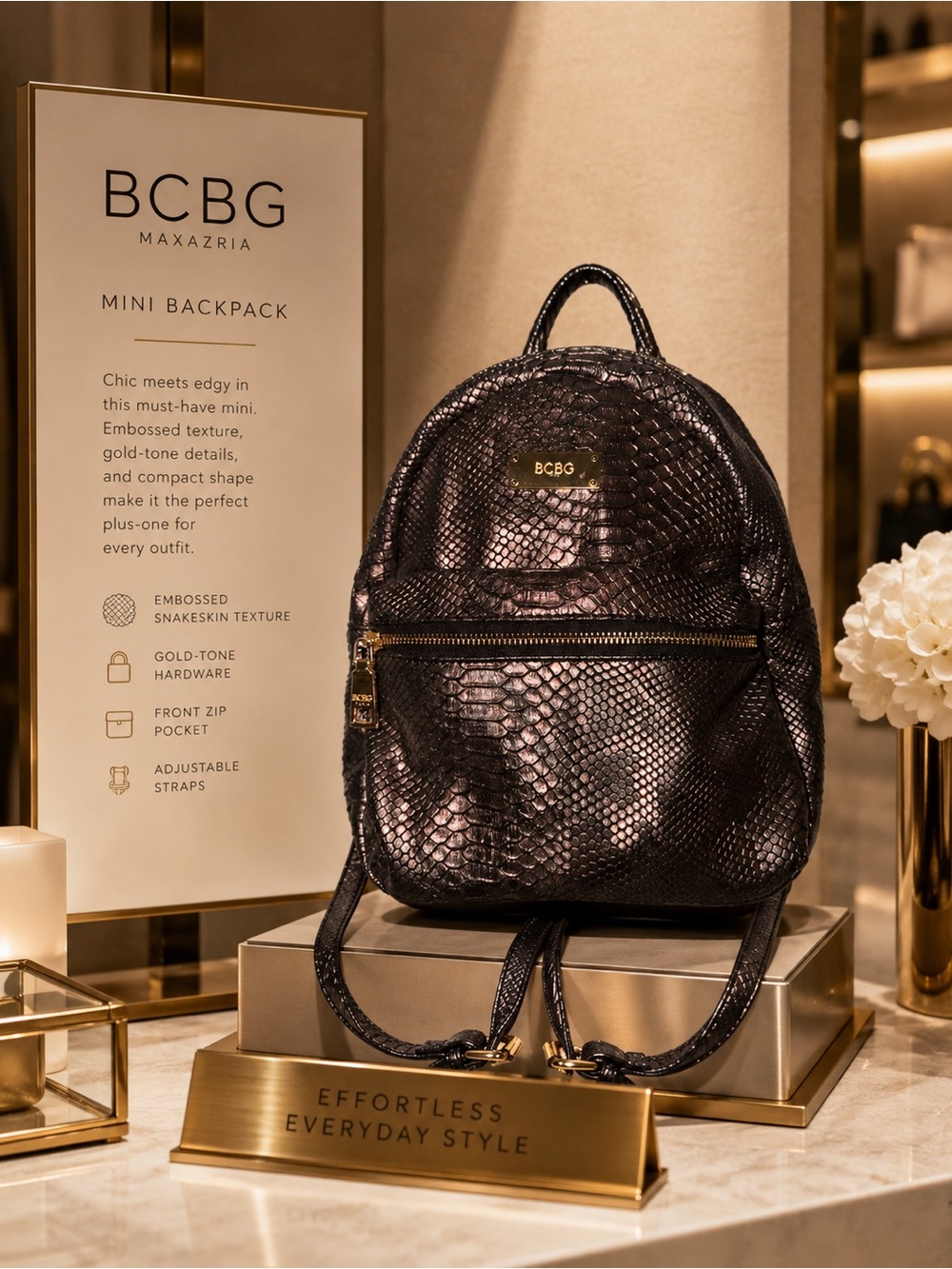 BCBG Mini Snake-Embossed Backpack